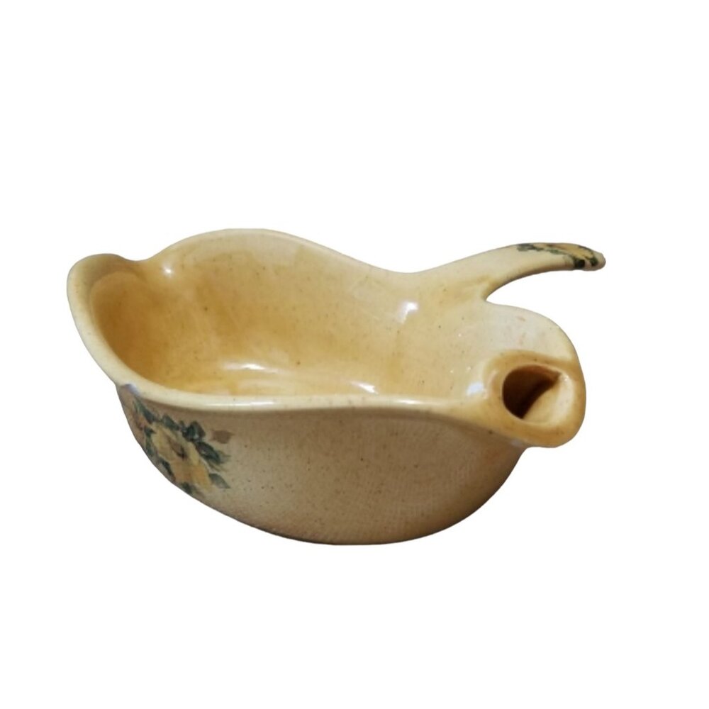 Vintage Hand-Painted Floral Ceramic Gravy Boat With Handle & Pour Spout 8"x8"x2.